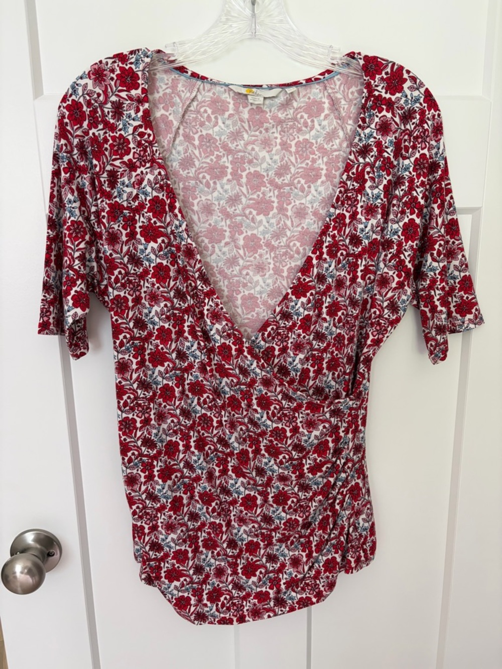 Boden Floral Wrap Top Womens US 10 Red V Neck ECOVERO Viscose Stretch Boho